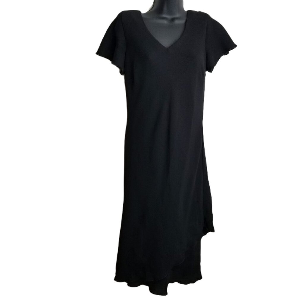 SL Fashions Black Ruffle Hem Dress Size 10 V Neck Flutter Sleeve Office Classic